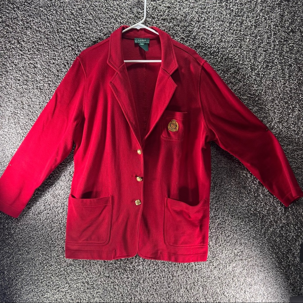Lauren Ralph Lauren LRL Crest Blazer Cardigan Sweater Red Gold Womens Size 1X XL